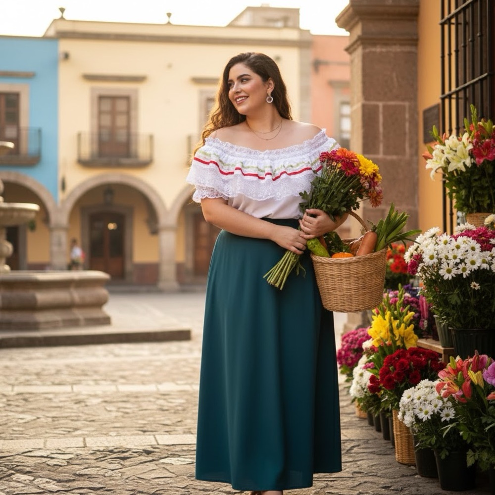 True Vintage Mexican Embroidered Off-Shoulder Shirt Lace Falbala Top Plus Size